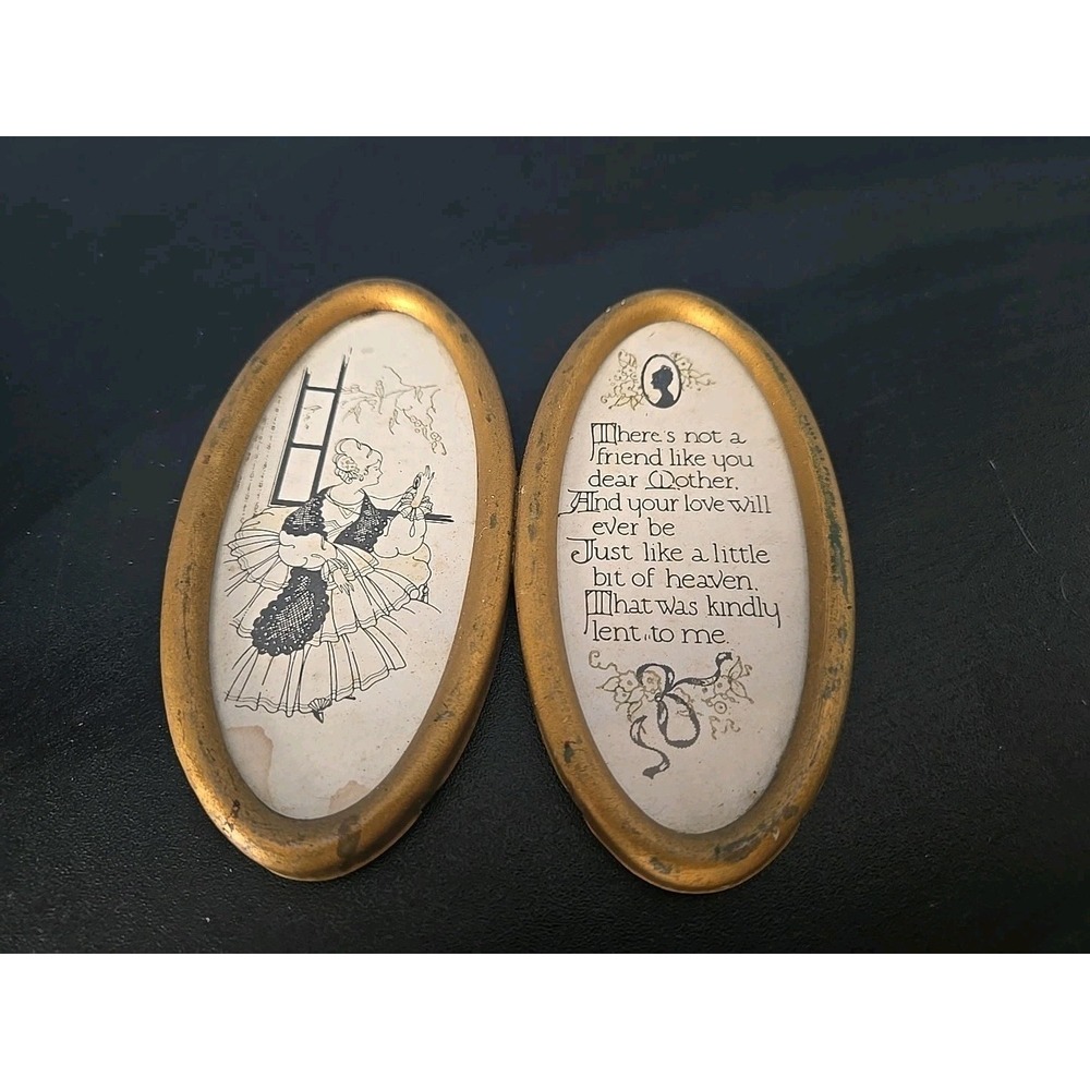 Mother Poem Art Deco Mini Antique Diptych Metal 4 x 4 Framed Verse RV‎ Tiny Home